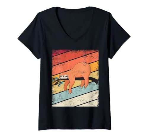 Donna Vintage Sleepy Sloth Retro bradipi regalo bambini, gioventù Maglietta con Collo a V