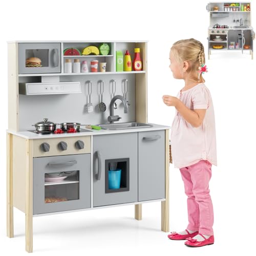 HOMASIS Cocina de Juguete de Madera, Cocina Infantil con Fregadero, microondas, Horno, fabricador de hiel, Cocina de rincón para niños de 3+ años, 72x30x90cm (Gris+Blanco)