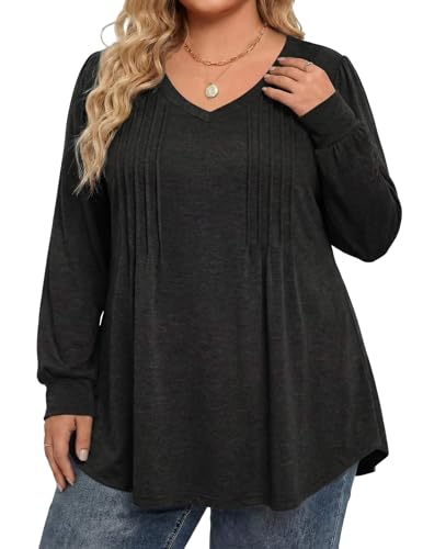 Image of IN'VOLAND Womens Plus Size Shirts V Neck Puff Long Sleeve Tops | Loose Fit, Dressy Casual Blouse, Pleated, Fall Outfits, Business Work TShirts, Basic Tees