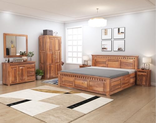Image of SONA ART & CRAFTS Kuber Solid Sheesham Wood Bedroom Set | Queen Size Bed with Box Storage, Wardrobe, Chest of Drawer & Two Bedside Tables - Natural Finish (Assembly Included)