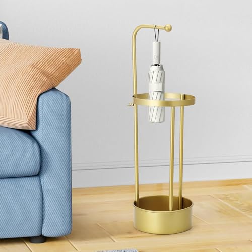 Image of Metal Umbrella Stand with Drip Tray, Gold, Round, Removable Hook, 68cm Height, 20cm Diameter