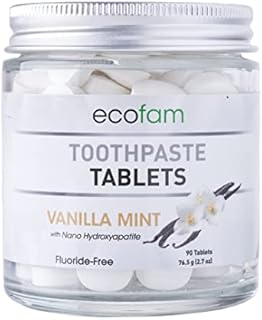 Ecofam Chewable Xylitol Toothpaste Tablets - 90 Natural Vanilla Mint Whitening Tabs - Eco Friendly Zero Waste Glass Jar - Fluoride-Free -with Nano Hydroxyapatite - Vegan - Made in The USA