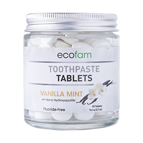 Ecofam Chewable Xylitol Toothpaste Tablets - 90 Natural Vanilla Mint Whitening Tabs - Eco Friendly Zero Waste Glass Jar - Fluoride-Free -with Nano Hydroxyapatite - Vegan - Made in The USA 