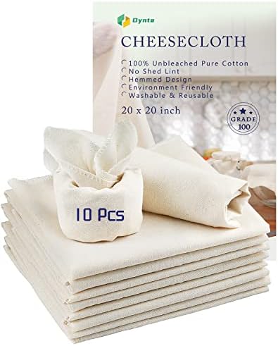 Grade 100 Hemmed Cheesecloth, 10 Pieces 100% Unbleached Cotton 20 x 20 Inches Cheese Cloths, Perfect for Straining, Filtering, Canning, Crafting, Covering and Polishing