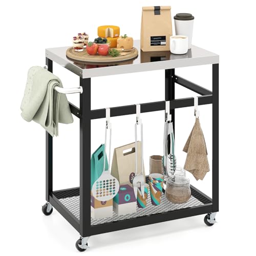 GOPLUS Grillwagen, BBQ Beistellwagen mit Edelstahl-Tischplatte, 2 Ebenen & Haken, Grilltisch mit...