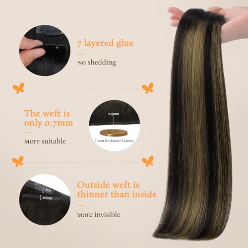 Image of DOORES Real Human Hair Extensions, Natural Black & Mixed Chestnut Brown, 110g, 7pcs, 14 Inch, Seamless Clip In, Straight, Invisi Edge