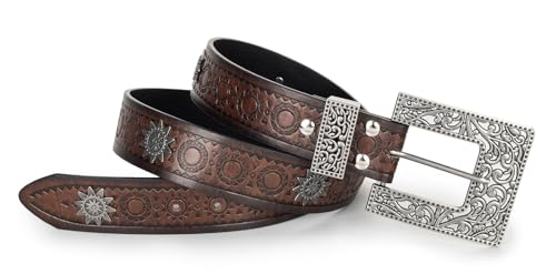 Image of Western-Leather-Belts-Women Vintage Waist-Belts with Hollow Out Flower