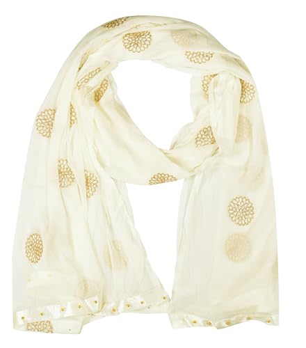 Image of YOUTHQUAKE Golden Floral Embroidery Work Chiffon Dupatta for Womens & Girls with Fancy Moti Lace