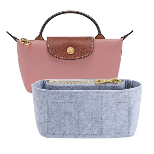Image of Mini Purse Organizer Insert for Longchamp Le Pliage Small Tote - Felt Inner Bag Liner with Zipper Pocket, Lightweight Storage for Mini Handbags, Gray