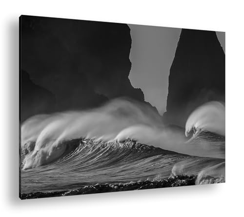 Cadre de vagues orageuses deyoli 90x60 en bois véritable et impression numérique premium monochrome