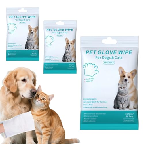犬用クリーニング手袋、 3枚入り子犬用消臭手袋ウェットティッシュ、 ペットバスグルーミング用手袋シート、 携帯用ペットクリーニングミトン 犬猫の毛取り目耳足体顔お手入れ旅行用清掃