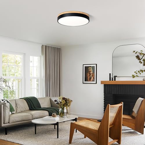 Image of Modern LED Wood Black Round Flush Mount Ceiling Light 15.74 Inch
