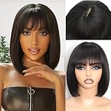 REMESSE Short Bob Wig with Bangs Human Hair Glueless 180% Density Middle Part Upgraded 2x1 Realistic Scalp Lace Wigs Natural Black Bob Wig Human Hair With Bangs for Women 12 Inch