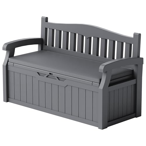 Devoko 80 Gallon Storage Bench with Cushion, Lockable Deck Box for Patio Furniture, Garden Decor and Outdoor Seating for Cushions, Garden Tools and Pool Supplies (Grey, 80 Gallon with Cushion)