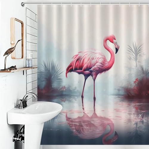 Rideau de douche flamant rose en polyester imperméable 152x183cm