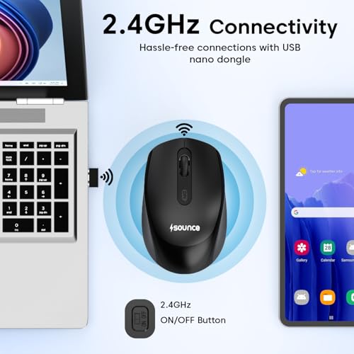 Image of Sounce Quantum Wireless Mouse 800 /1200 /1600 DPI with 500 mAh Rechargeable Battery, Silent Click Buttons, 2.4GHz USB Nano Receiver, Ergonomic Compact Design for Laptop, PC & Office Use (Black)