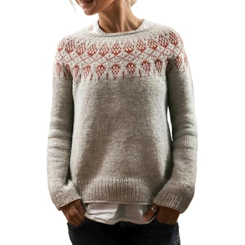 Women's Fair Isle Graphic Crewneck Knit Sweater Fall Casual Floral Print Pullover Tops Retro Oversized Tunic Sweaters