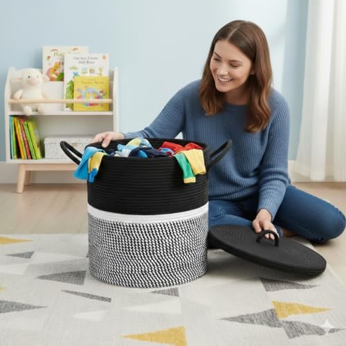 Image of Basket with Lid, 15 inch x 20 inch Woven Storage Basket for Blankets, Toys, Pillows, Towels, Living Room Bedroom Storage Bin, Round Rope Basket with Lid, Wicker Baskets for Organizing (BG8)