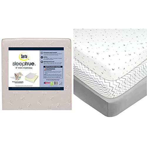 Image of Delta Children Serta SleepTrue Mini Crib Mattress and American Baby Company 3 Pack Fitted Mini Crib Sheet Set for Boys and Girls