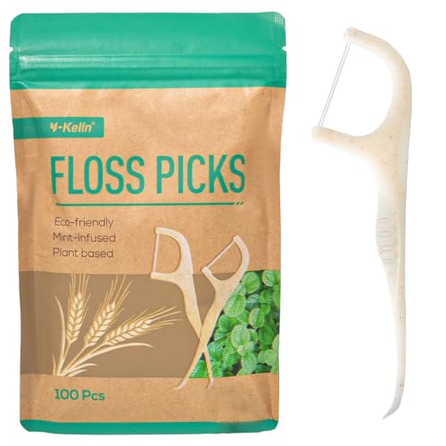 Y-Kelin Palillos de hilo dental de doble hilo - 100 unidades, palillos de hilo dental ecológicos de paja de trigo, sostenibles y reutilizables, veganos y libres de crueldad animal
