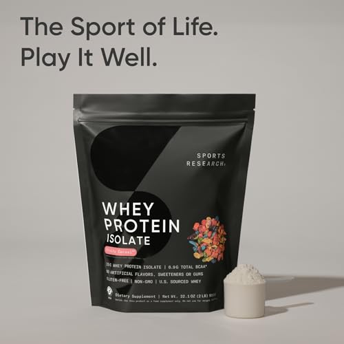 Image of Sports Research 100% Whey Protein Isolate Fruity Cereal - U.S. Sourced Protein Powder w /BCAAs - No Artificial Flavors or Gums- Informed Sport Tested . Gluten Free - 2lb Bulk Bag, 25 Servings