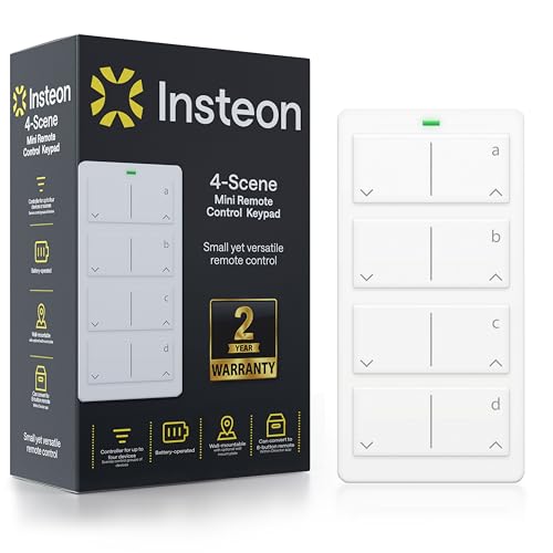 Insteon Mini Remote 4-Scene Keypad, 2342-232 - Controls On/Off & Dimming, Rechargeable Battery