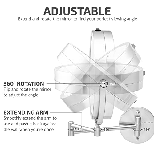 Image of OVENTE Wall Mounted Lighted Makeup Mirror, 9 inch Double Sided 1X /7X Magnifying Vanity Mirror for Bathroom with LED Lights, Cordless, 360 Rotation and 13 inch Extendable Arm, Nickel Brushed MFW85BR1X7X