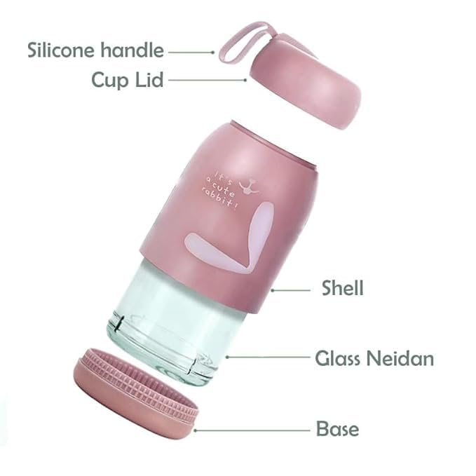 Image of Premium Rabbit Print Glass Water Bottle with Food grade Silicone Plastic - 330ml Leak Proof, BPA Free, For Kids or Toddlers, Easy to carry