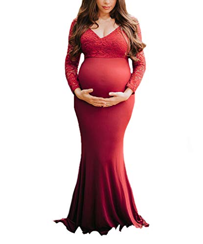 Huixin Robe Grossesse Manches Longues V-Cou Grossesse Supports De Photographie Robes Robe De Grossesse Longue Robe Cocktail Shooting Photo Accessoires Maternité (Rouge,XL) Cover
