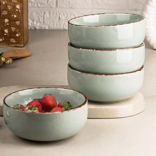 Image of The Earth Store Glossy Mint Marble 580ml Each Ceramic Bowls Set of 4 for Serving Snacks, Pasta, Noodle, Maggi, Cereal Microwave Safe Bowl Set | Perfect for Gifting, Daily Use