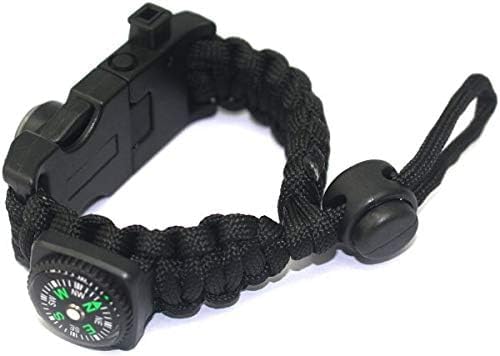 Paracord Survival Bracelet For Unisex Adult - Black, Whistle, Compass, Fire Starter, Tactical