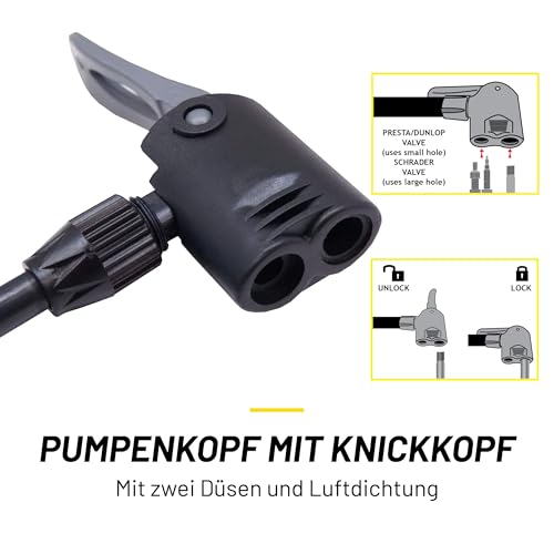 Dunlop Fahrradpumpe mit Manometer - Luftpumpe Fahrrad für Dunlop-, Schrader- und Französisches Ventil - Standluftpumpe inkl. Adapter für… – Ansicht 4