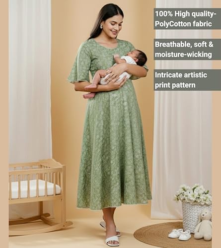 Image of DUMMY SHAPE Feeding Kurtis for Women Cotton Rayon | Printed Pregnancy Flare Kurta with Nursing Zippers to Pre & Post Partum | Maternity Dresses | Gifts for Pregnant Woman