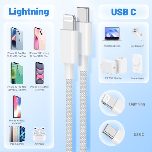 Image of USB C to Lightning Cable 3Pack 3 /6 /10FT, [Apple MFi Certified] iPhone Fast Charging Braided Cable, Power Delivery Type C Charging Cord for iPhone 14 13 12 11Pro Max /XS /Max /XR /8 /7 Plus SE, iPad Air /Pro