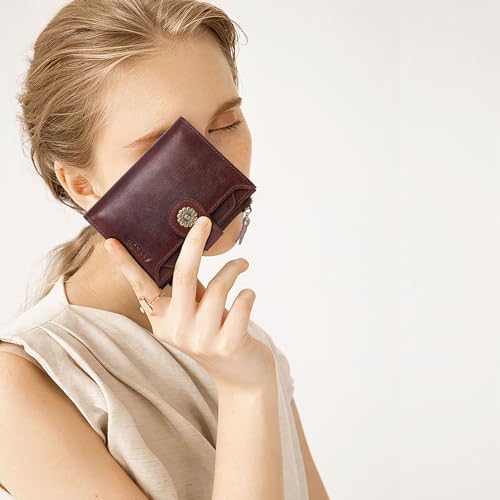 Image of HKCLUF Wallet Women Small Genuine Leather Bifold Wallet Womens RFID Blocking Small Wallet for Women Card Holder Purse With ID Window(darkkhaki)