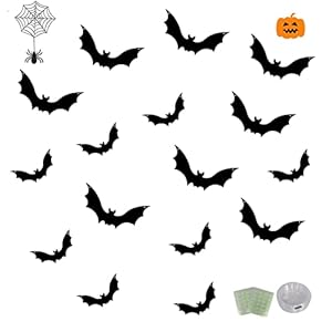 2 Pcs Hangende vleermuizendecoraties – Halloween vleermuis set van 16 lichtgevende vliegende vleermuizen – Hangende Feestdecoratie Tuin Decor Buiten Boom Ornament voor Muur Deur Raam Plafond Xzbling