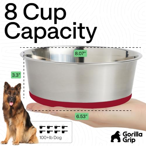 Image of GORILLA GRIP Dog Bowls, Food Grade 304 Stainless Steel, Holds 8 Cups Each (64 fl oz) Food and Water Bowl for Feeding Dogs and Cats, Dishwasher Safe, Rust Resistant, BPA Free Rubber Base Set of 2 Red