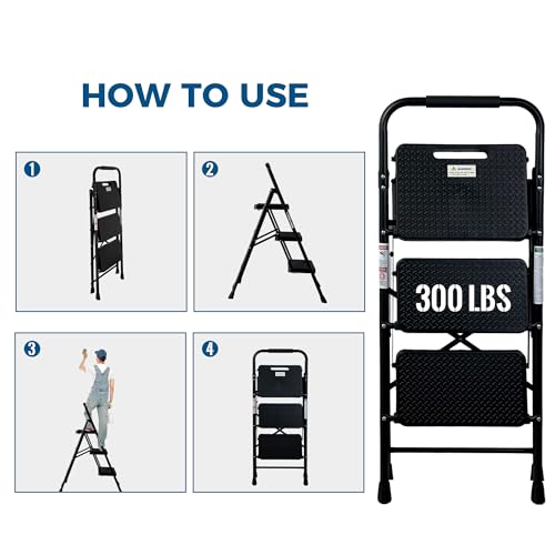 Image of 3 Step Ladder, Folding Step Stool with Wide Anti-Slip Pedal, 300 lbs Capacity Sturdy Steel Ladder, Ladder for Home, Garden, Painting, Outdoor, and Garage, Black