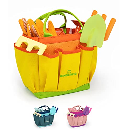 Kinderific Gardening Set, Tool Kit, For Toddlers And Kids 2 Years And Up, Stem, Includes Tote Bag, Spade, Watering Can, Rake, Fork, Trowel And Glove (Pale Yellow) #TOP22