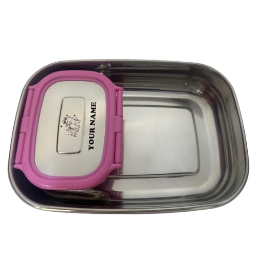 Image of ncgifts Stainless Steel Personalized Tiffin | Customized Lunch Boz with Name for Kids | Personalized Tiffin Box | with Permanent Name Engrave and Cartoon | Birthday Gift, Return Gifts. (Pink), 900 ml