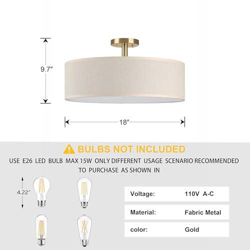 Dolaimi House 4 Light 18 Inch Semi Flush Mount Close to Ceiling Light Fixture,Off White Fabric Shade Gold Finish for Bedroom,Living Room,Dining Room Hallway by Dolaimi House - Image 2
