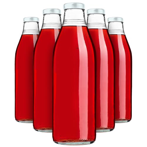 KADAX Botellas de zumo de 1 l, 5 unidades, botellas de cristal con tapón de rosca fi43 mm, botellas vacías para conservas, botellas para rellenar zumo y jarabe (blanco)