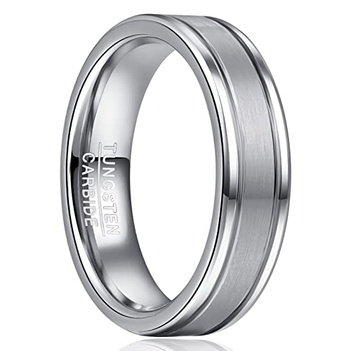 NUNCAD 6mm Anillos de Hombre Alianza de Plata Anillo de Tungsteno Cepillado con Doble Acanaladura Talla 17