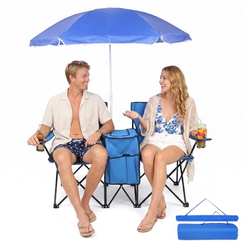 Outvita Folding Double Camping Chair w/Umbrella Beverage Holder Carrying Bag Cooler Fold Up Table, Large Bearing Capacity for Beach Patio Pool Park Outdoor Blue