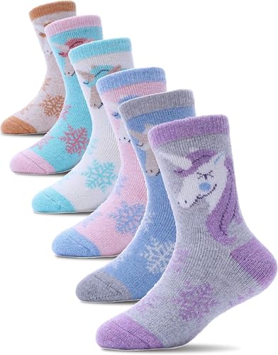 PROETRADE - PROETRADE Kinder Mädchen Jungen Socken Warme Wolle Wandersocken Sportsocken Wollsocken Dicke Thermosocken Wintersocken Weihnachtssocken Geschenke Kindersocken 6 Paare(Einhorn,4-7 Years)