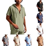 Leinenhemd Herren Baumwolle Leinen Hoodie Kurzarm Sommerhemd mit Kapuze Shirt V-Ausschnitt Leinen Shirts Einfarbig Hoody Oberteile mit Kordelzug Hemden Leichte Herrenhemd für Arbeit und Freizeit