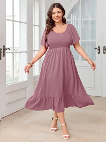 Image of SCOMCHIC Women's Plus Size Summer Dress Casual Short Sleeve Scoop Neck Maxi Dress Smocked Ruffle Boho Flowy Long Dresses