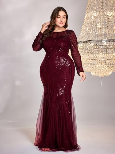 Image of Plus Size Long Sleeve Sequin Evening Dress Glitter Mermaid Long Gown for Mother of The Bride Or Wedding Guest