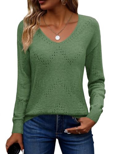 Image of Zeagoo Womens Sweaters Fall Trendy Casual Long Sleeve Shirt Lightweight V Neck Off Shoulder Crochet Pullover Top Outfit