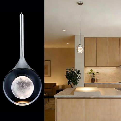 MASIVEL 2 Packs Modern Crystal Pendant Light Chrome Globe Ceiling Hanging Light Fixture Moon Teardrop Kitchen Island Light Dimmable LED Mini Chandelier for Dining Room Bedroom Living Room, 3000K